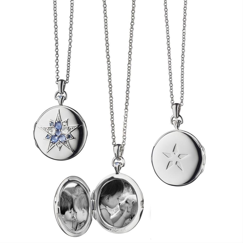 Monica Rich Kosann Round Burst Silver Locket Pendant with Rose Cut Blue Sapphires 30" Chain