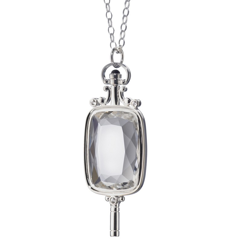 Monica Rich Kosann Rectangular Pocketwatch Key Necklace Pendant Silver with Rock Crystal 32" Chain