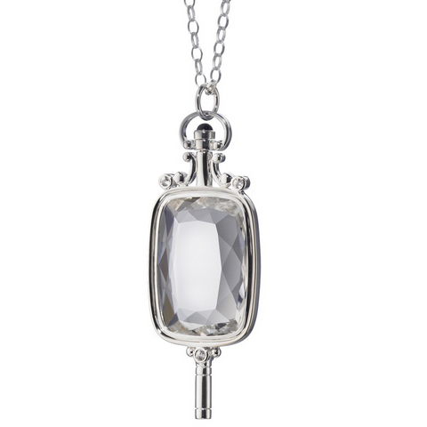 Monica Rich Kosann Rectangular Pocketwatch Key Necklace Pendant Silver with Rock Crystal 32" Chain