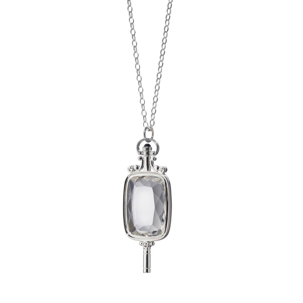 Monica Rich Kosann Rectangular Pocketwatch Key Necklace Pendant Silver with Rock Crystal 32" Chain