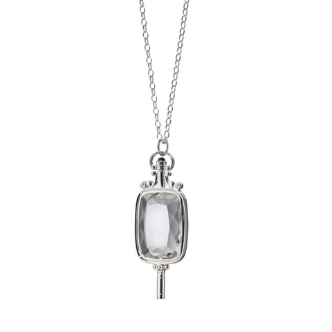 Monica Rich Kosann Rectangular Pocketwatch Key Necklace Pendant Silver with Rock Crystal 32" Chain