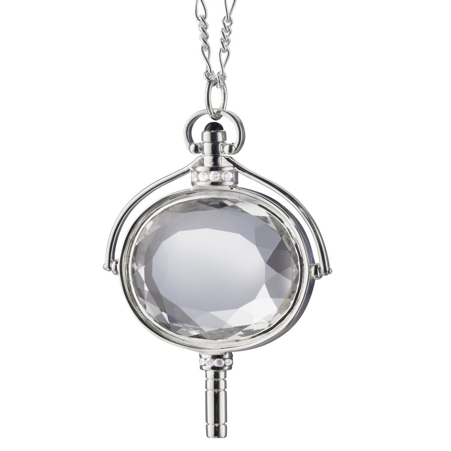 Monica Rich Kosann Oval Pocket Watch Key Necklace Pendant Silver with Rock Crystal 36" Chain