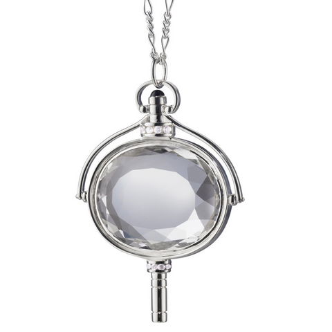 Monica Rich Kosann Oval Pocket Watch Key Necklace Pendant Silver with Rock Crystal 36" Chain