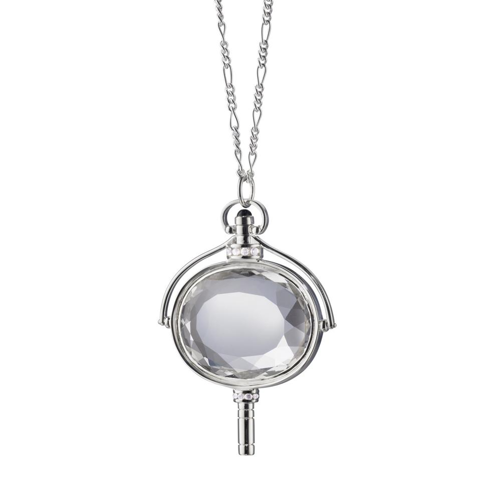 Monica Rich Kosann Oval Pocket Watch Key Necklace Pendant Silver with Rock Crystal 36" Chain