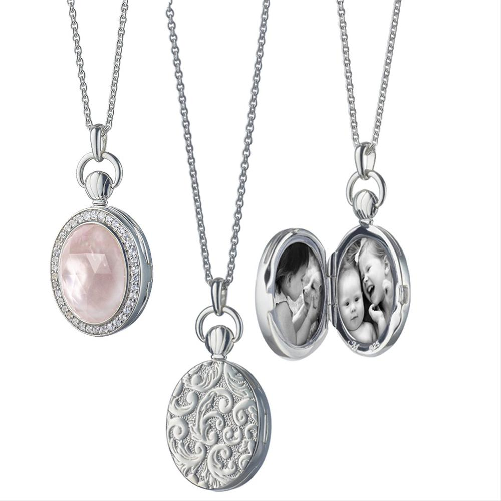 Monica Rich Kosann Rose Quartz Petite Stone Photo Locket Pendant Necklace Silver