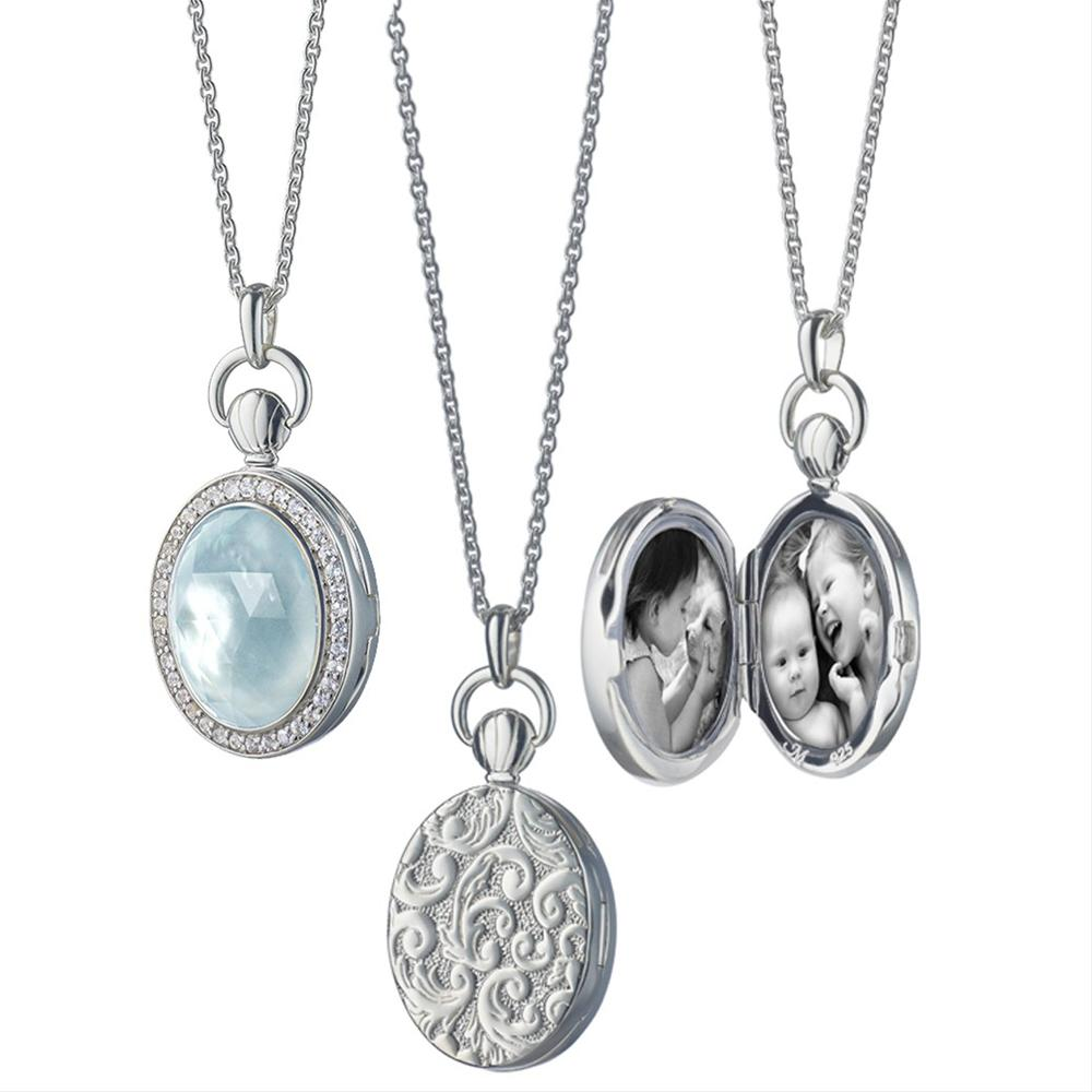 Monica Rich Kosann Blue Topaz Petite Stone Photo Locket Pendant Necklace Silver