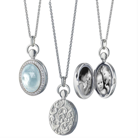 Monica Rich Kosann Blue Topaz Petite Stone Photo Locket Pendant Necklace Silver