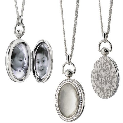 Monica Rich Kosann Sterling Silver Oval Stone Locket with Faceted Rock Crystal over Mother of Pearl