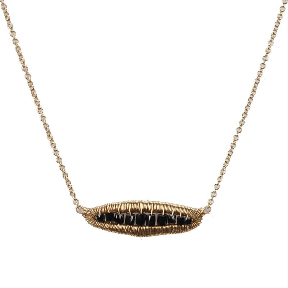 Dana Kellin Black Diamond Horizontal Pendant Necklace 14K Yellow Gold Wrapped Wire 16"