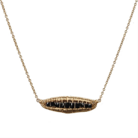 Dana Kellin Black Diamond Horizontal Pendant Necklace 14K Yellow Gold Wrapped Wire 16"
