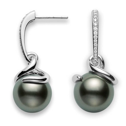 Mikimoto Twist Black South Sea Pearl & Diamond Drop Earrings