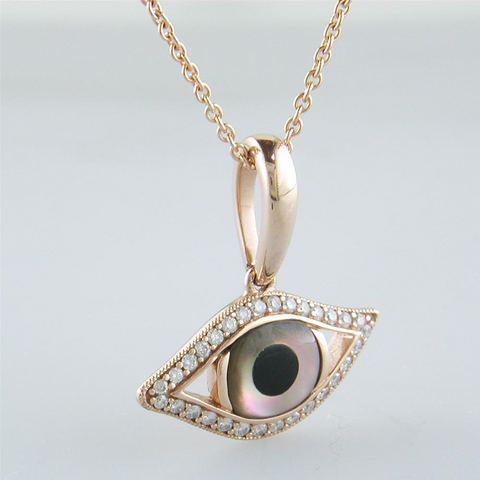 Kabana Evil Eye Pendant Necklace Kalo Mati 14k Rose Gold with Mother of Pearl & Onyx Inlay
