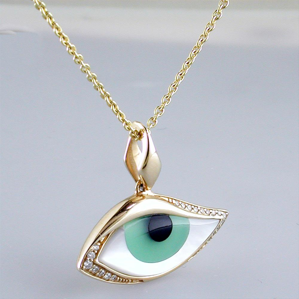 Kabana Kalo Mati 14k Yellow Gold Green Evil Eye Diamond Pendant with Inlay GPCF4850XCPMW