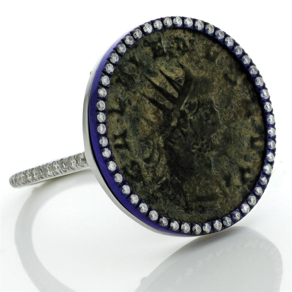 1884 "Maximiliano Erocole Period 286-305 A.D." Original Bronze Coin Ring 18K White Gold  Blue Titanium with Diamonds