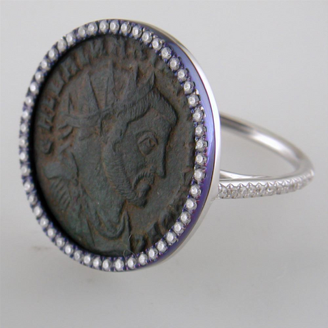 1884 "Maximiliano Erocole Period 286-305 A.D." Original Bronze Coin Ring 18K White Gold  Blue Titanium with Diamonds