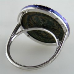 1884 "Maximiliano Erocole Period 286-305 A.D." Original Bronze Coin Ring 18K White Gold  Blue Titanium with Diamonds