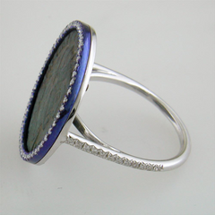 1884 "Maximiliano Erocole Period 286-305 A.D." Original Bronze Coin Ring 18K White Gold  Blue Titanium with Diamonds