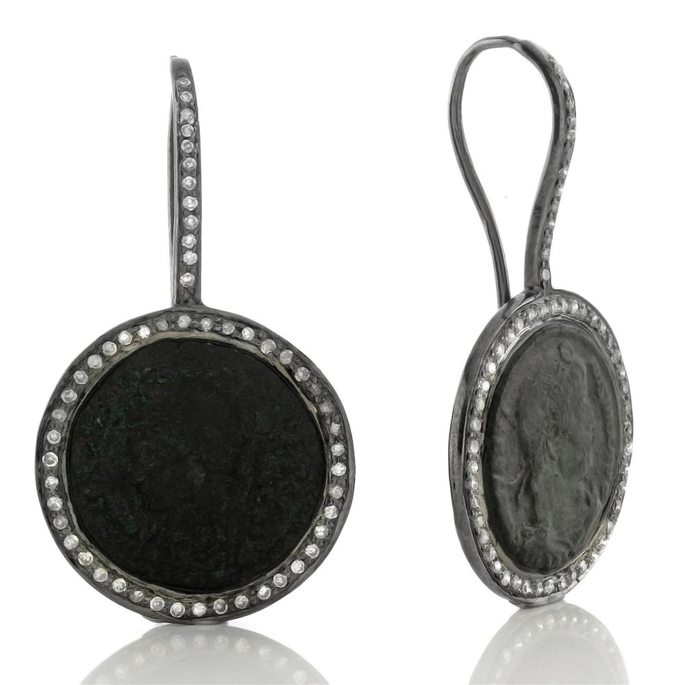 1884 "Faustina III Period 156-175 A.D." Original Bronze Coin Earrings in Sterling Silver with Diamonds