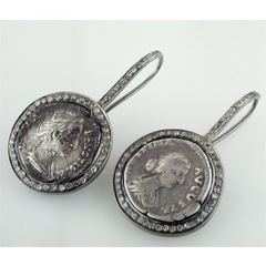 1884 "Faustina III Period 156-175 A.D." Original Bronze Coin Earrings in Sterling Silver with Diamonds