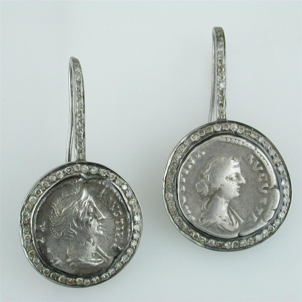 1884 "Faustina III Period 156-175 A.D." Original Bronze Coin Earrings in Sterling Silver with Diamonds