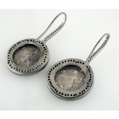 1884 "Faustina III Period 156-175 A.D." Original Bronze Coin Earrings in Sterling Silver with Diamonds