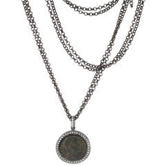1884 "Valente Period 360-378 A.D." Original Bronze Roman Coin Sterling Silver Pendant with Diamond Halo Necklace