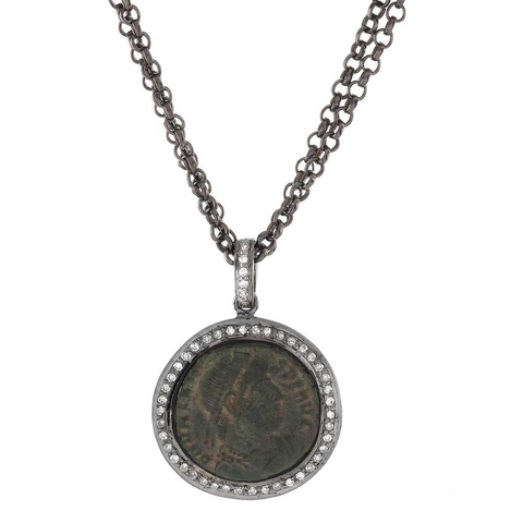 1884 "Valente Period 360-378 A.D." Original Bronze Roman Coin Sterling Silver Pendant with Diamond Halo Necklace