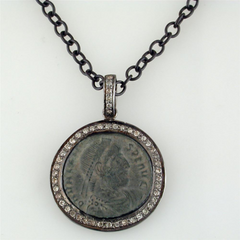 1884 "Valente Period 360-378 A.D." Original Bronze Roman Coin Sterling Silver Pendant with Diamond Halo Necklace