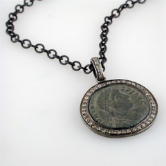 1884 "Valente Period 360-378 A.D." Original Bronze Roman Coin Sterling Silver Pendant with Diamond Halo Necklace