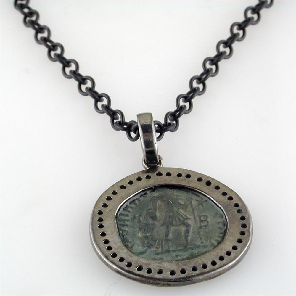 1884 "Valente Period 360-378 A.D." Original Bronze Roman Coin Sterling Silver Pendant with Diamond Halo Necklace
