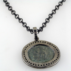 1884 "Valente Period 360-378 A.D." Original Bronze Roman Coin Sterling Silver Pendant with Diamond Halo Necklace