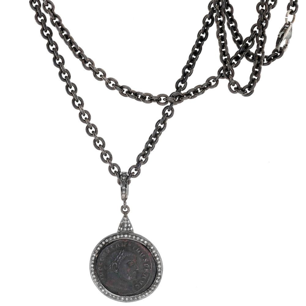 1884 "Aurelian Period 270-275 A.D." Original Bronze Roman Coin Sterling Silver Pendant with Diamond Halo Necklace