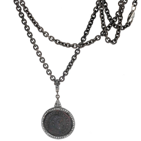 1884 "Aurelian Period 270-275 A.D." Original Bronze Roman Coin Sterling Silver Pendant with Diamond Halo Necklace