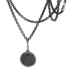 1884 "Aurelian Period 270-275 A.D." Original Bronze Roman Coin Sterling Silver Pendant with Diamond Halo Necklace