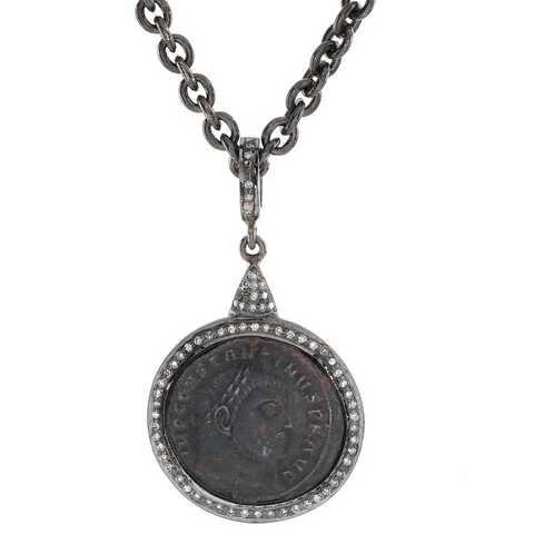 1884 "Aurelian Period 270-275 A.D." Original Bronze Roman Coin Sterling Silver Pendant with Diamond Halo Necklace