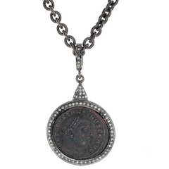 1884 "Aurelian Period 270-275 A.D." Original Bronze Roman Coin Sterling Silver Pendant with Diamond Halo Necklace