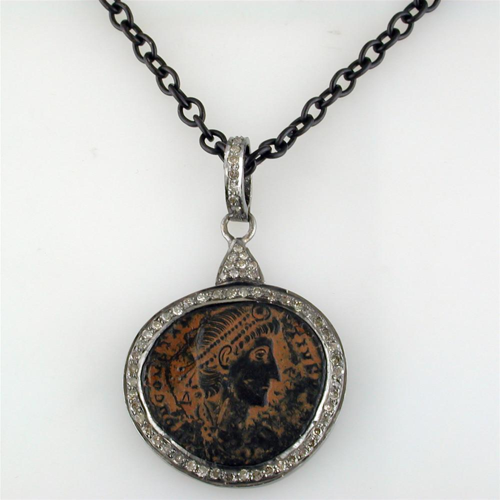 1884 "Aurelian Period 270-275 A.D." Original Bronze Roman Coin Sterling Silver Pendant with Diamond Halo Necklace