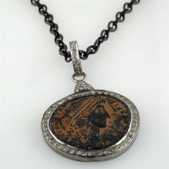 1884 "Aurelian Period 270-275 A.D." Original Bronze Roman Coin Sterling Silver Pendant with Diamond Halo Necklace