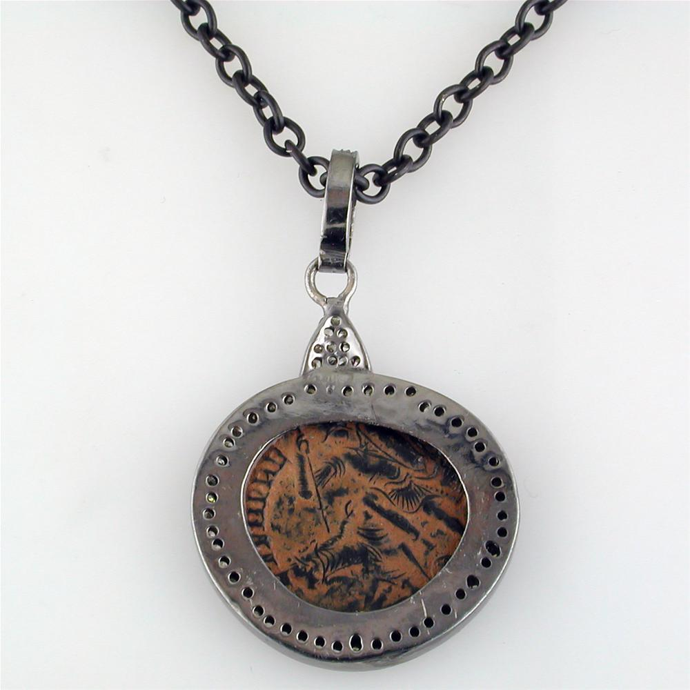 1884 "Aurelian Period 270-275 A.D." Original Bronze Roman Coin Sterling Silver Pendant with Diamond Halo Necklace
