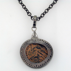 1884 "Aurelian Period 270-275 A.D." Original Bronze Roman Coin Sterling Silver Pendant with Diamond Halo Necklace