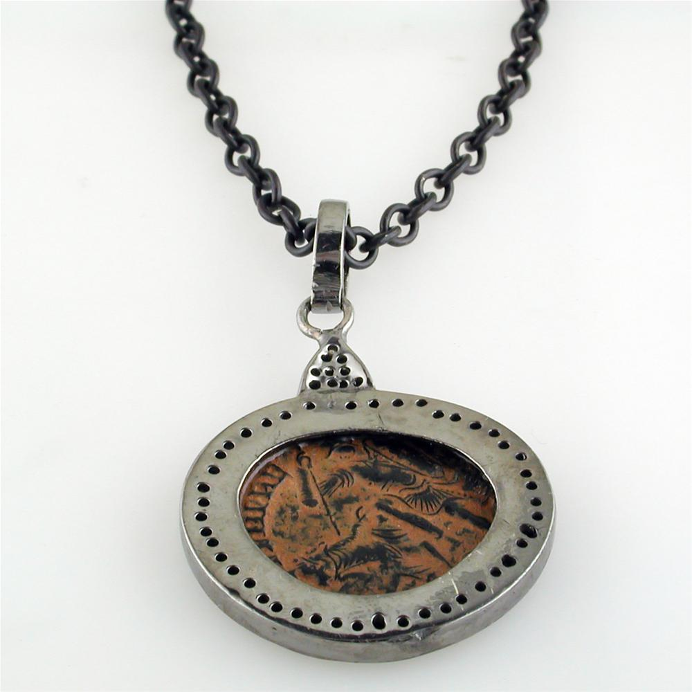 1884 "Aurelian Period 270-275 A.D." Original Bronze Roman Coin Sterling Silver Pendant with Diamond Halo Necklace