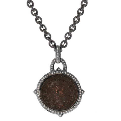 1884 "Caro Period 282-283 A.D." Original Bronze Roman Coin Sterling Silver Pendant with Diamond Halo Necklace