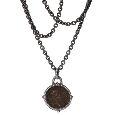 1884 "Caro Period 282-283 A.D." Original Bronze Roman Coin Sterling Silver Pendant with Diamond Halo Necklace