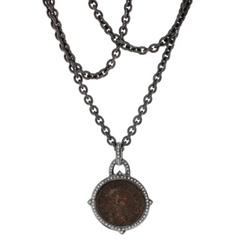 1884 "Caro Period 282-283 A.D." Original Bronze Roman Coin Sterling Silver Pendant with Diamond Halo Necklace