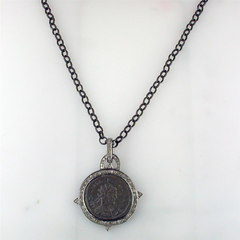 1884 "Caro Period 282-283 A.D." Original Bronze Roman Coin Sterling Silver Pendant with Diamond Halo Necklace