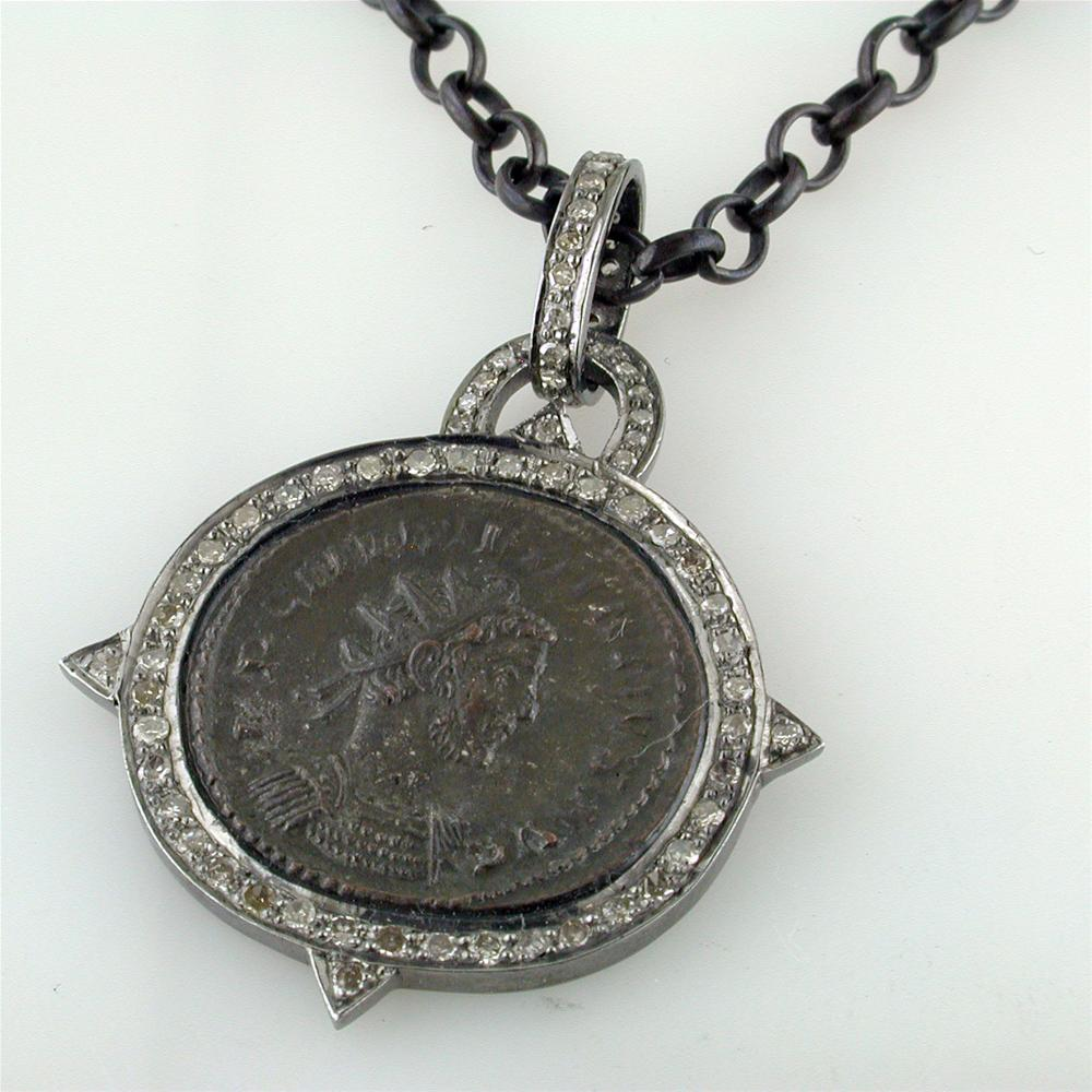 1884 "Caro Period 282-283 A.D." Original Bronze Roman Coin Sterling Silver Pendant with Diamond Halo Necklace
