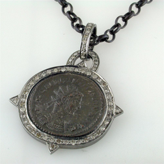 1884 "Caro Period 282-283 A.D." Original Bronze Roman Coin Sterling Silver Pendant with Diamond Halo Necklace