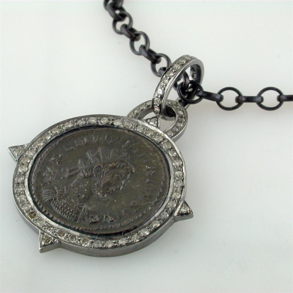 1884 "Caro Period 282-283 A.D." Original Bronze Roman Coin Sterling Silver Pendant with Diamond Halo Necklace