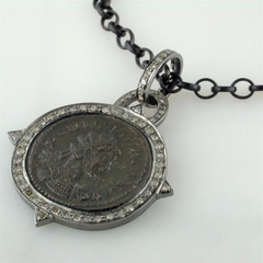 1884 "Caro Period 282-283 A.D." Original Bronze Roman Coin Sterling Silver Pendant with Diamond Halo Necklace