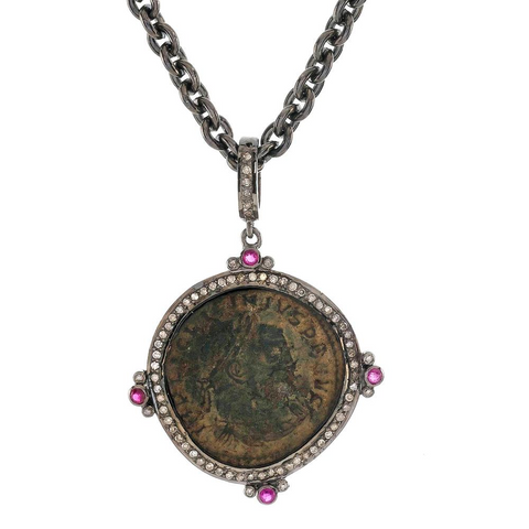 1884 "Licinio I Period 308-324 A.D." Original Bronze Roman Coin Sterling Silver Pendant with Diamond  Ruby Halo Necklace